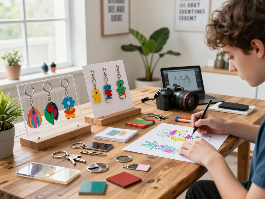 Customized keychain design process with sketches and materials in a creative workspace.
