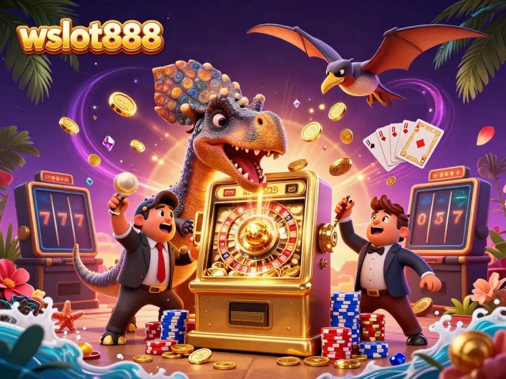 Gambarkan momen menarik di wslot888 dengan dinosaurus bermain slot yang mengeluarkan koin jackpot.