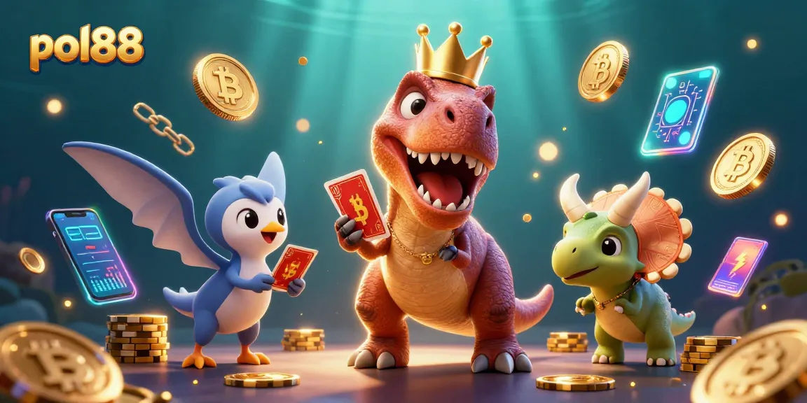 pol88 menampilkan dinosaurus yang bermain kartu sambil dikelilingi koin Bitcoin, simbol kasino, dan cahaya neon