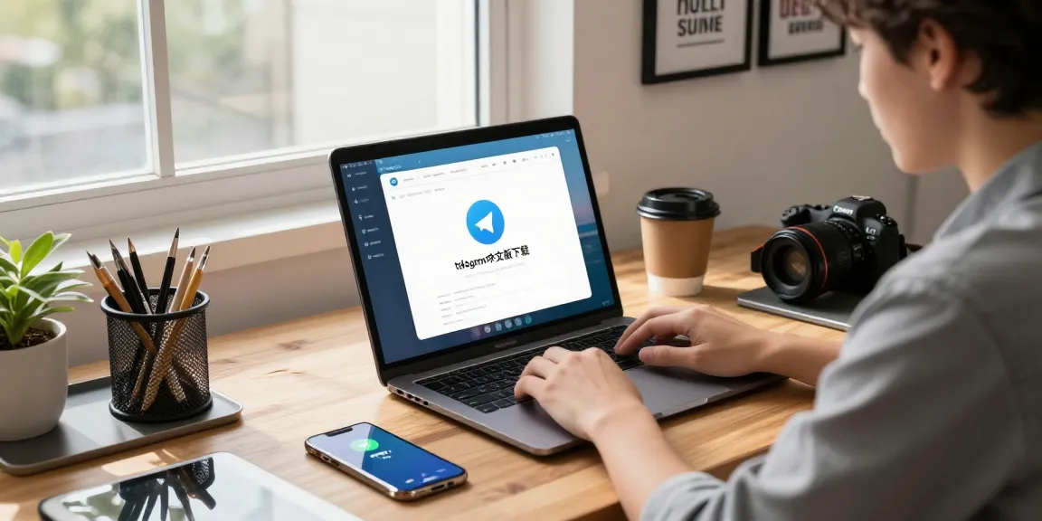 Efficient workspace showcasing telegram中文版下载 on laptop screen, professional in modern office setting.