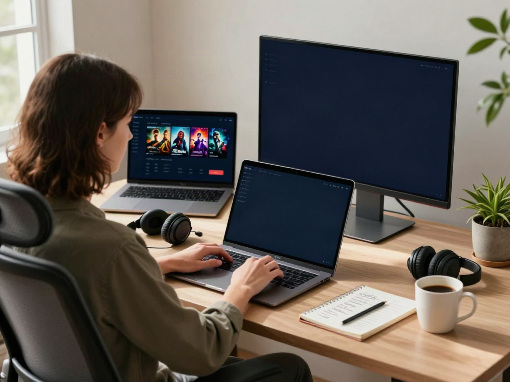 Home office setup displaying MovieBox Pro Windows app for streaming movies.