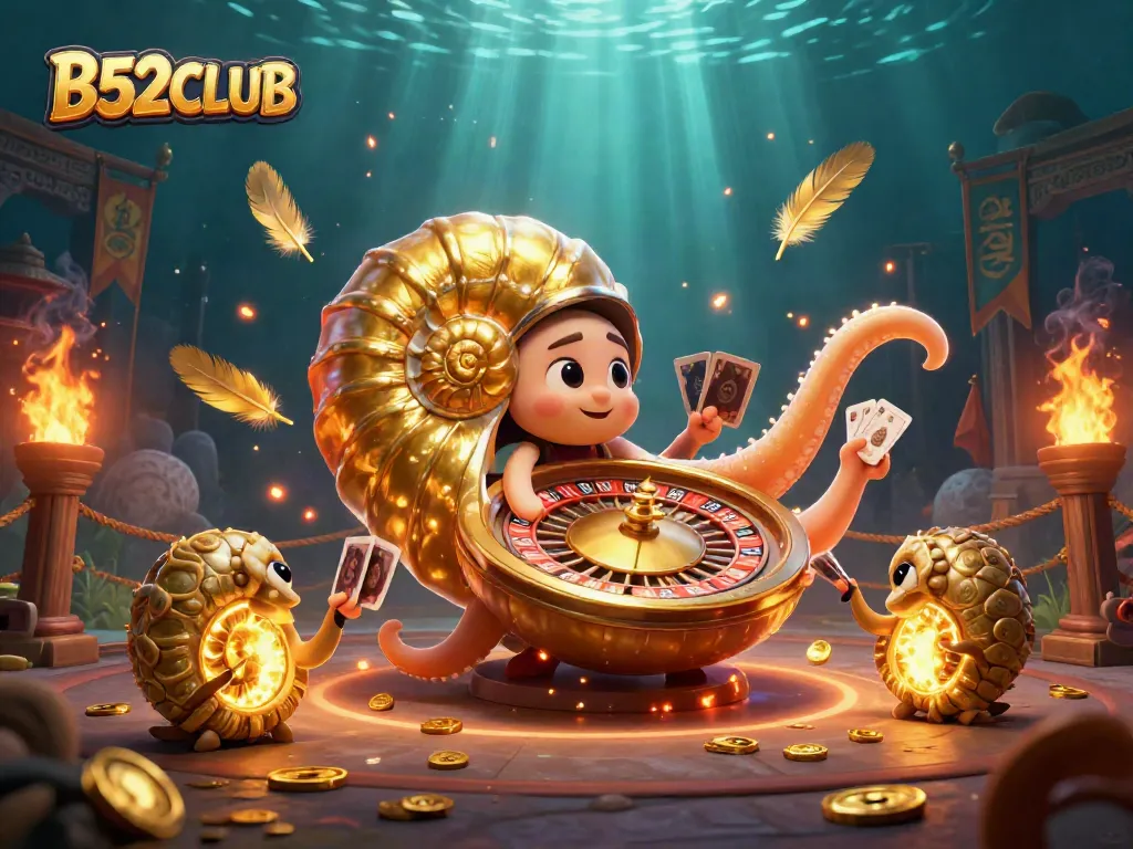 B52CLUB showcases an engaging 3D casino scene featuring a golden nautilus roulette wheel, cards, and dynamic casino elements.