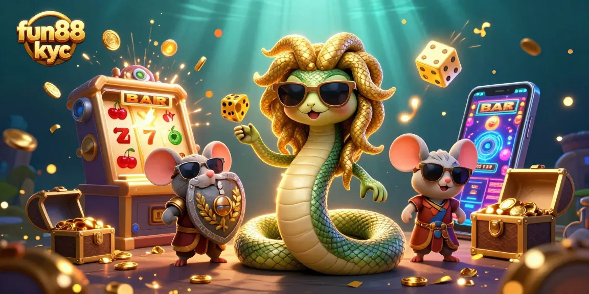 Giao diện hấp dẫn của fun88 kyc với Medusa và các biểu tượng casino lát vàng.