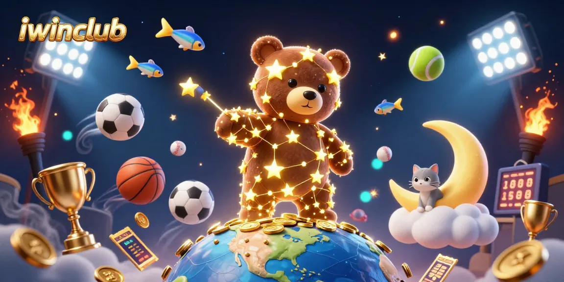Join the excitement at iwinclub as the constellation bear scoops coins amidst vibrant sports elements.