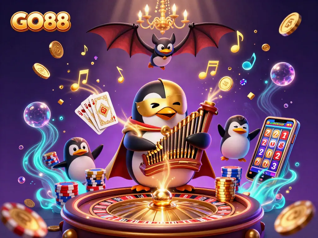 Spin the reels with GO88 as the phantom penguin plays an organ, showering gold coins in a casino.