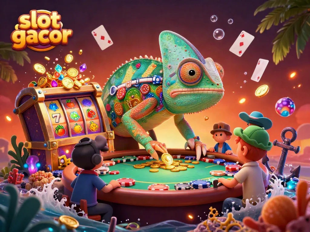 Bermain slot gacor dengan chameleon kasino besar, harta karun laut, dan simbol keberuntungan.