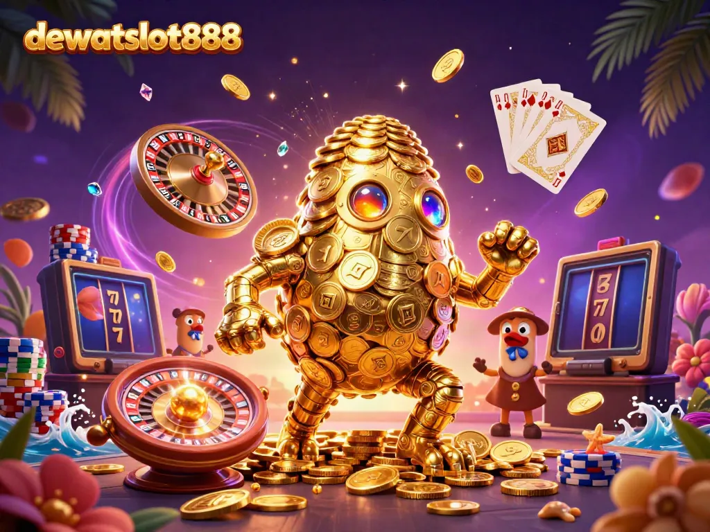 Golem emas menghiasi permainan slot dewataslot888 dengan simbol keberuntungan dan koin berkilauan.