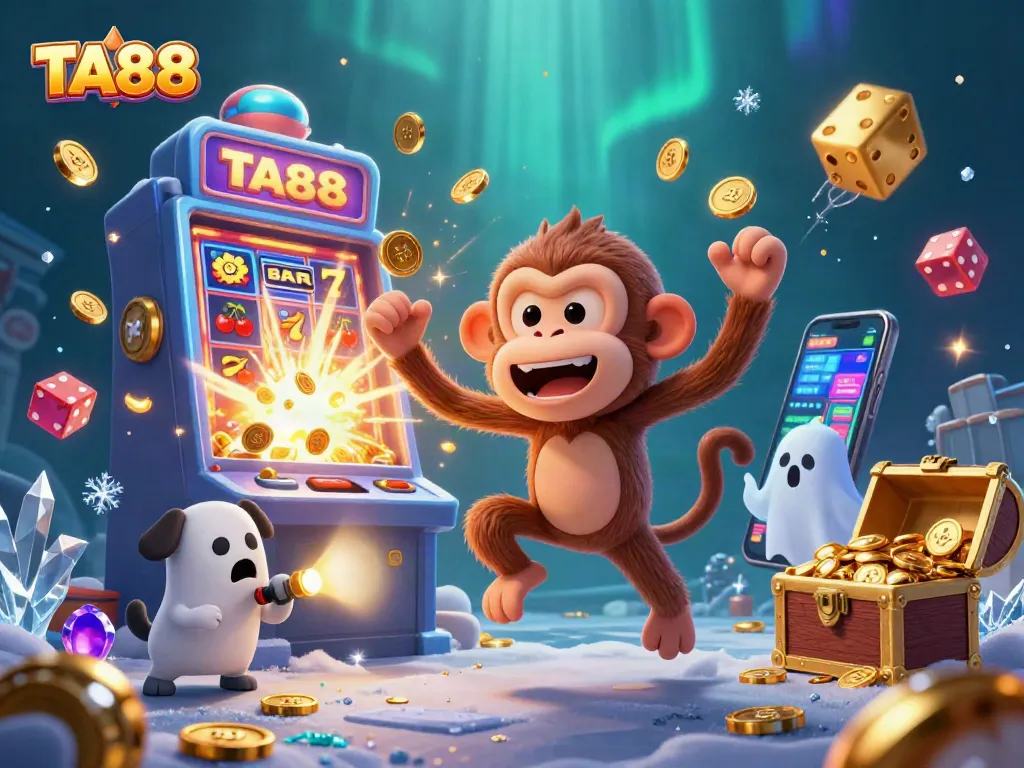 Explore the TA88 casino experience with a playful poltergeist and curious puppy in a vibrant digital scene.