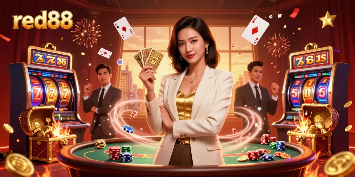 Experience the excitement of red88 with an Asian woman dealer and vibrant casino elements.