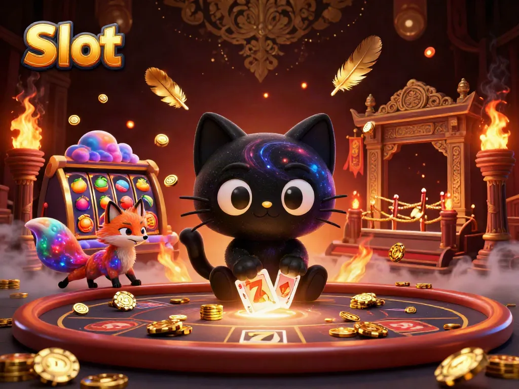 Taruhan Slot pada meja kasino cosmic bersama kucing dan rubah nebula.