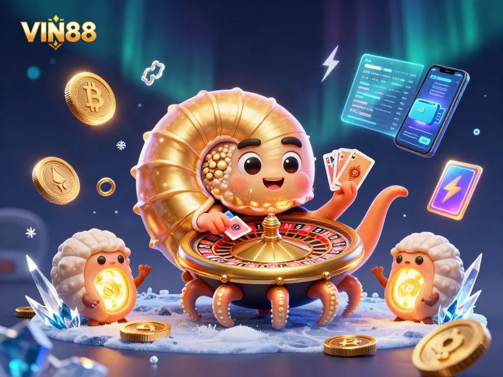 Experience thrilling gaming with VIN88, featuring a dazzling 3D nautilus in a vibrant casino scene.