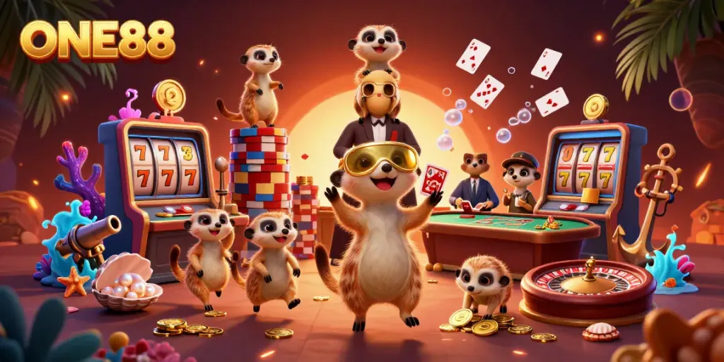 Experience thrilling moments at ONE88's vibrant casino with meerkats in action.
