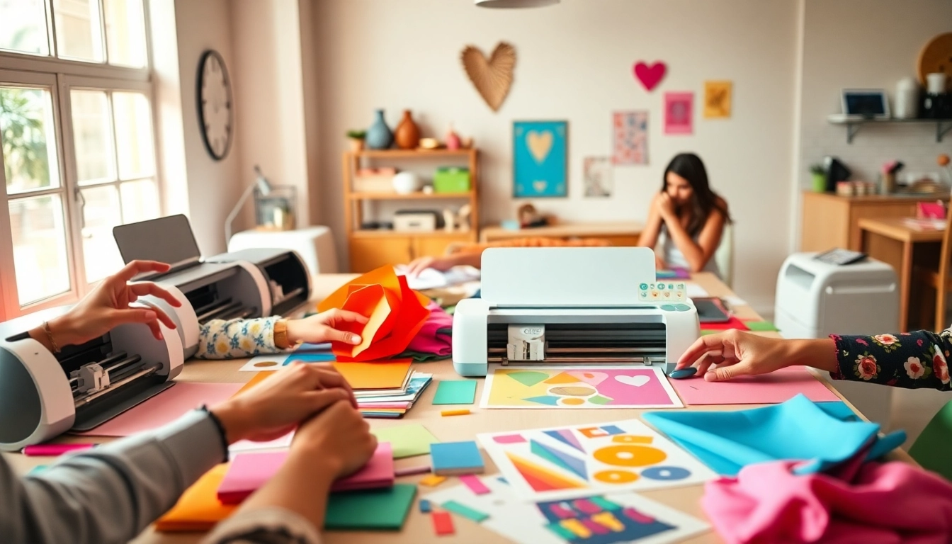 Cricut for beginners showcasing colorful materials and diverse hands crafting unique projects.