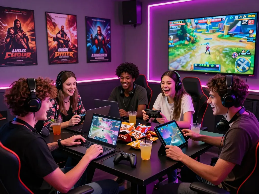 Friends enjoying sex games online in a lively gaming lounge with various devices.