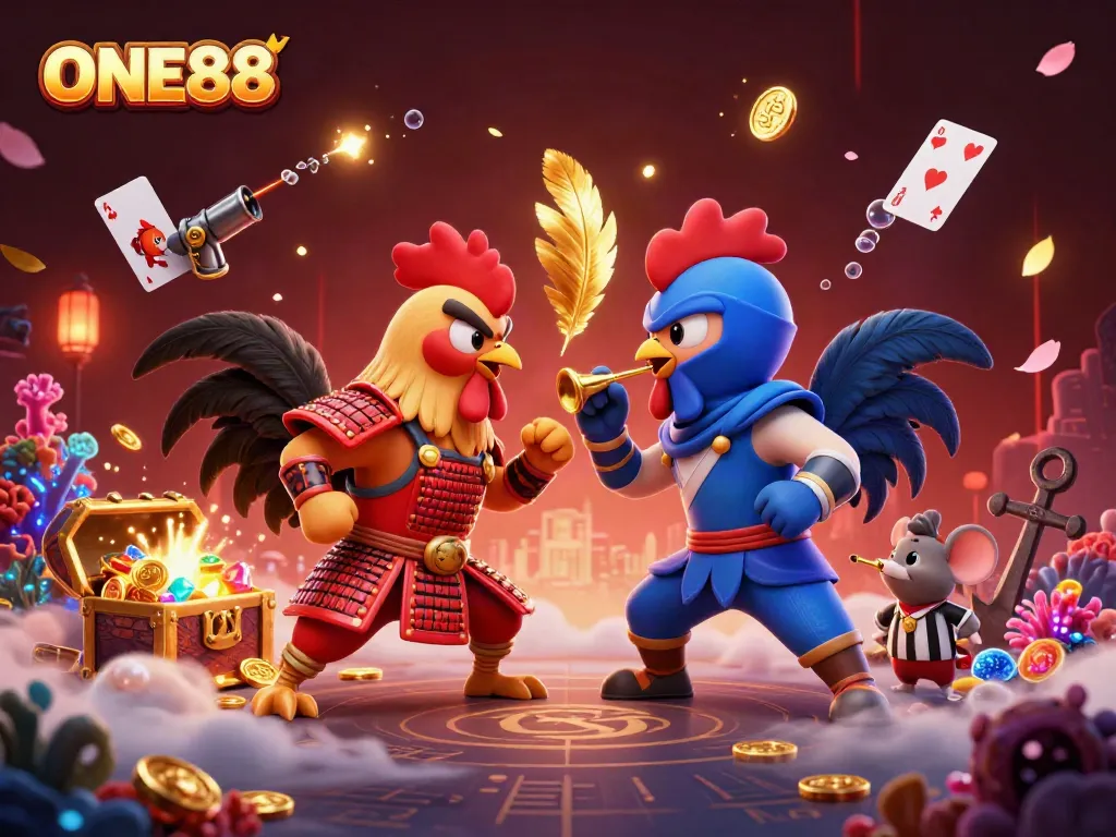 Experience thrilling action at ONE88 with animated roosters battling amidst vibrant gaming elements.