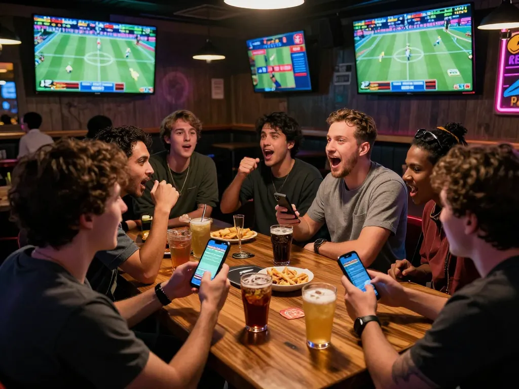 Tỷ lệ kèo nhà cái hôm nay highlighted in a vibrant sports bar with fans engaged in betting activity