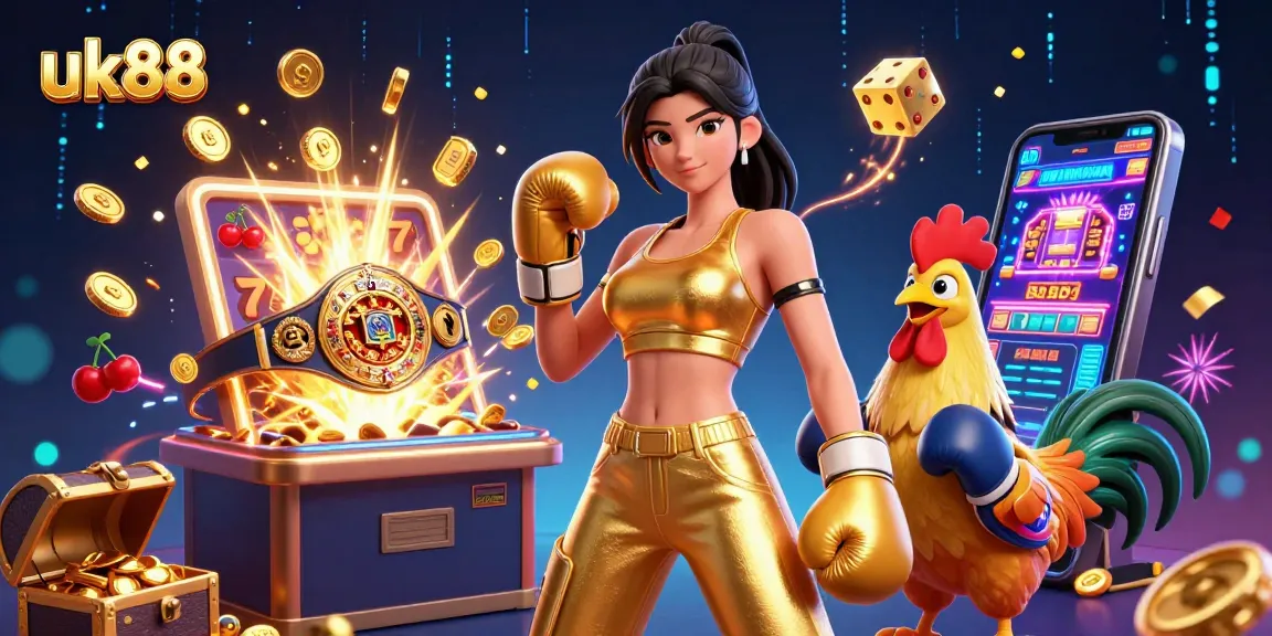 Spin and win big with uk88 in an energetic casino illustration showcasing slots, gold coins, and vibrant characters.
