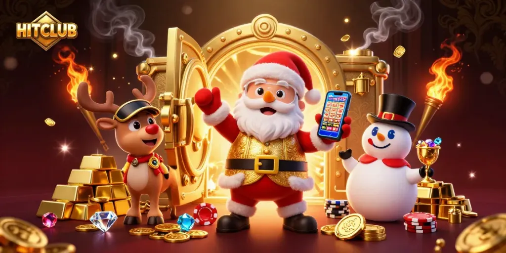 Spin the HITCLUB slots and win big with festive characters in a casino scene.