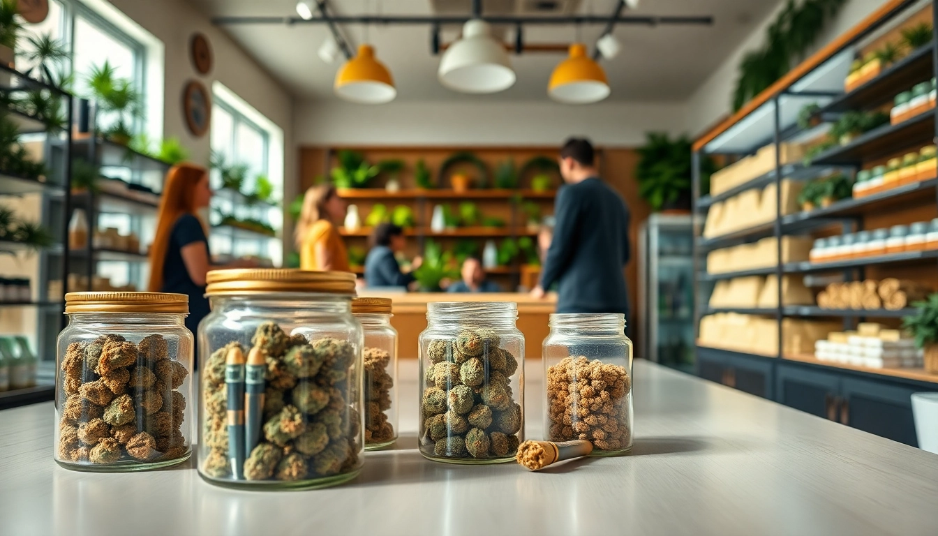 Shop at a welcoming weed store, showcasing various cannabis products in an inviting setting.
