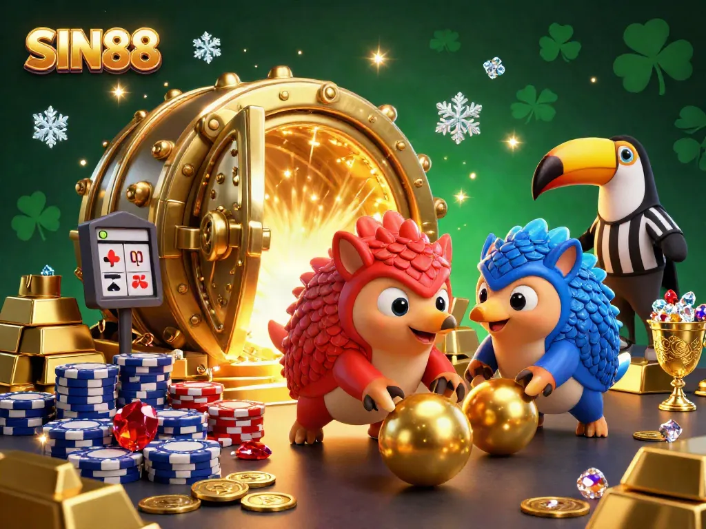 SIN88 pangolins compete in a vibrant casino-themed scene, rolling into gold and poker chips for a fun gambling experience.
