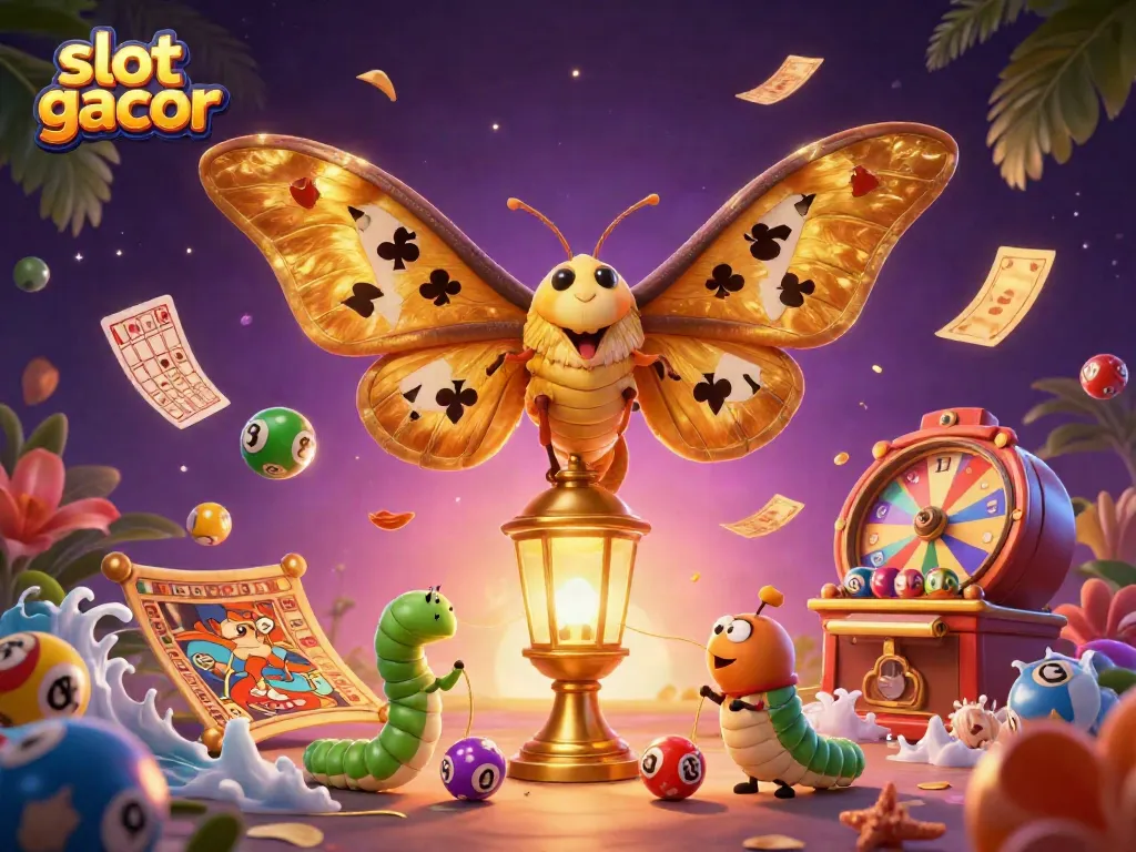 Engage with the vibrant world of slot gacor featuring a majestic golden moth and dynamic casino elements.