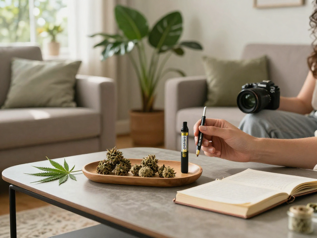 Authentic Cookies weed pen in a cozy living room setting with natural wellness elements, CBD products, and vibrant greenery.