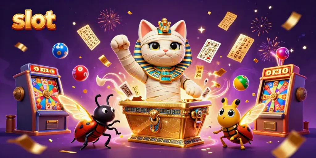 Engage with the vibrant slot world featuring an Egyptian mummy cat and a scarab beetle.
