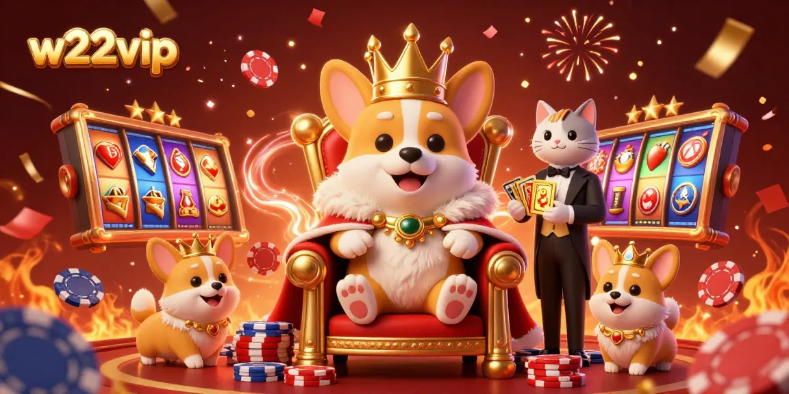 w22vip delivers festive excitement with a royal corgi on poker chips surrounded by gambling elements.