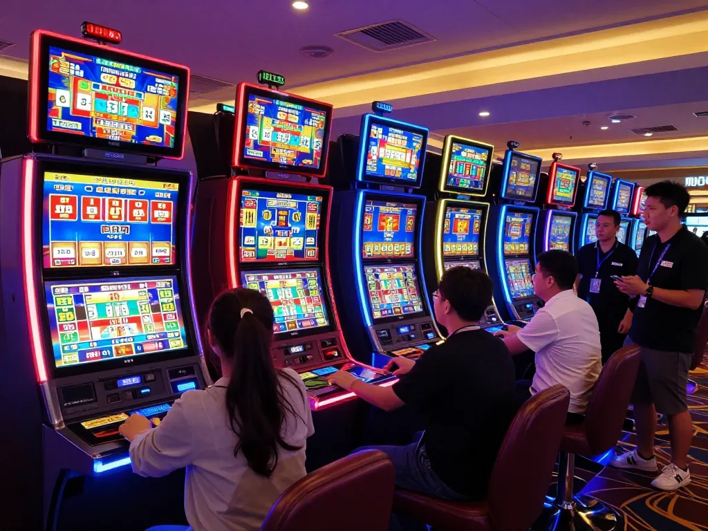 Pemain menikmati mesin slot toto yang cerah di lingkungan kasino yang hidup, menunjukkan kegembiraan dan keterlibatan.