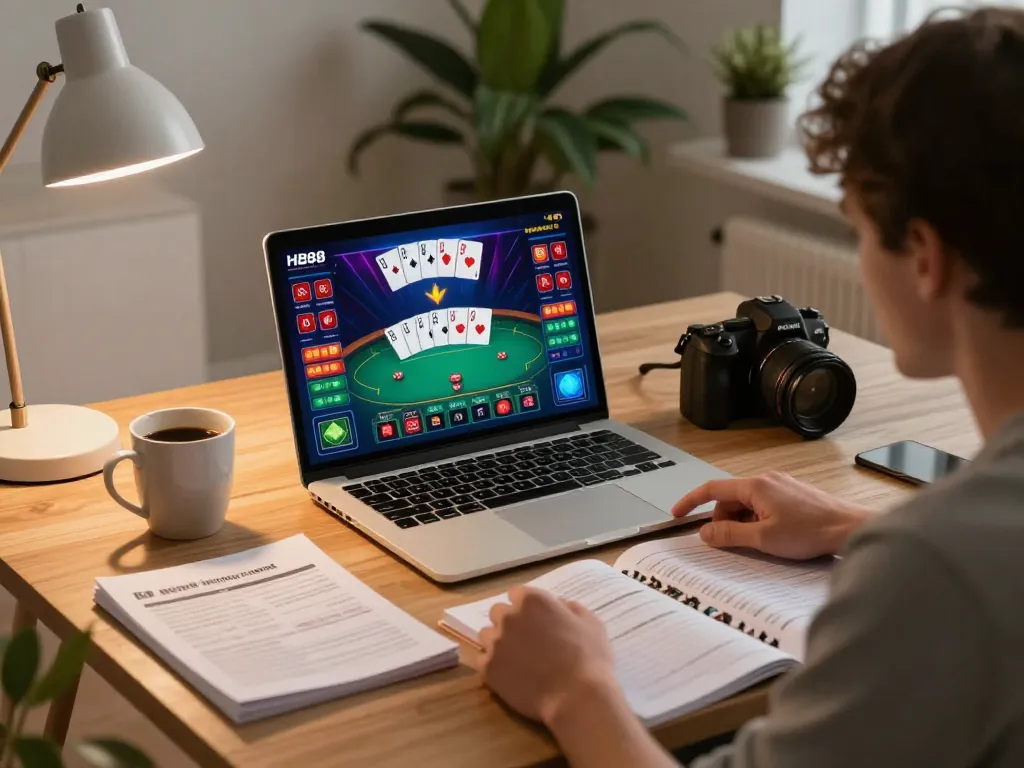 Player engaging with HB88's online poker game while managing strategies in a cozy home setting