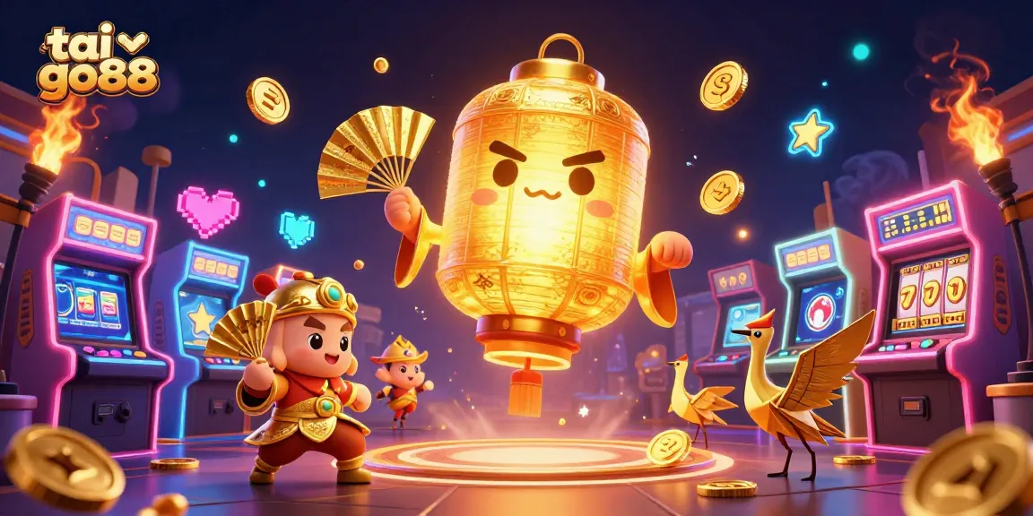 Engage with tai go88's vibrant casino scene featuring golden lanterns and arcade games.