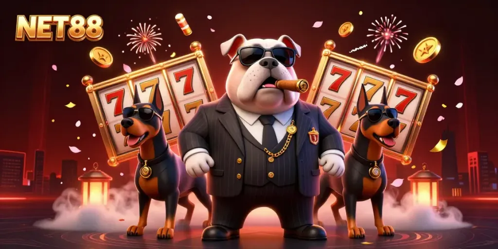 Experience the thrill of gaming with NET88's vibrant casino illustration showcasing a mafia bulldog and Doberman pair.
