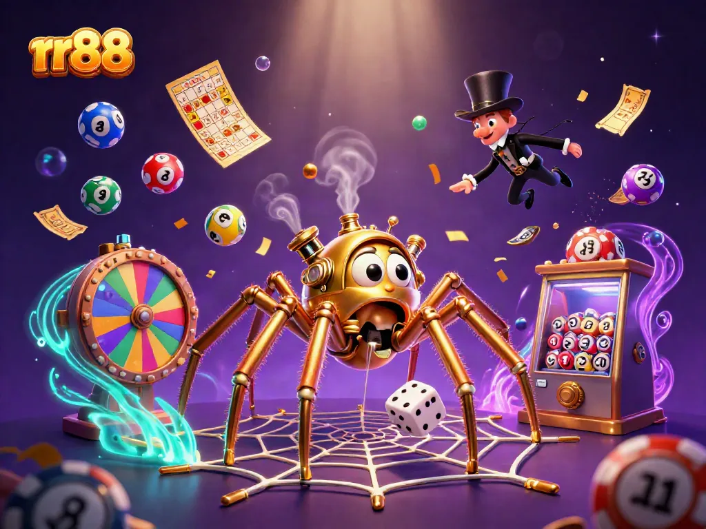 Experience the thrilling world of rr88 with a dynamic casino scene featuring a steampunk spider and vibrant gambling elements.