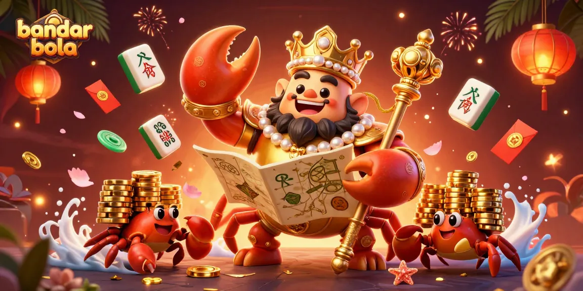 Experience the excitement of bandar bola with vibrant 3D illustrations of a crab emperor and gambling elements.
