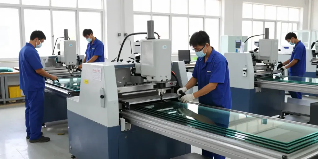 Glass machine suppliers showcasing advanced machinery and skilled technicians in a modern workshop.