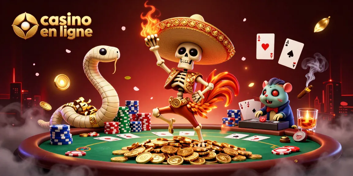 Jouez au casino en ligne avec une illustration captivante de personnages dynamiques dans un cadre festif.