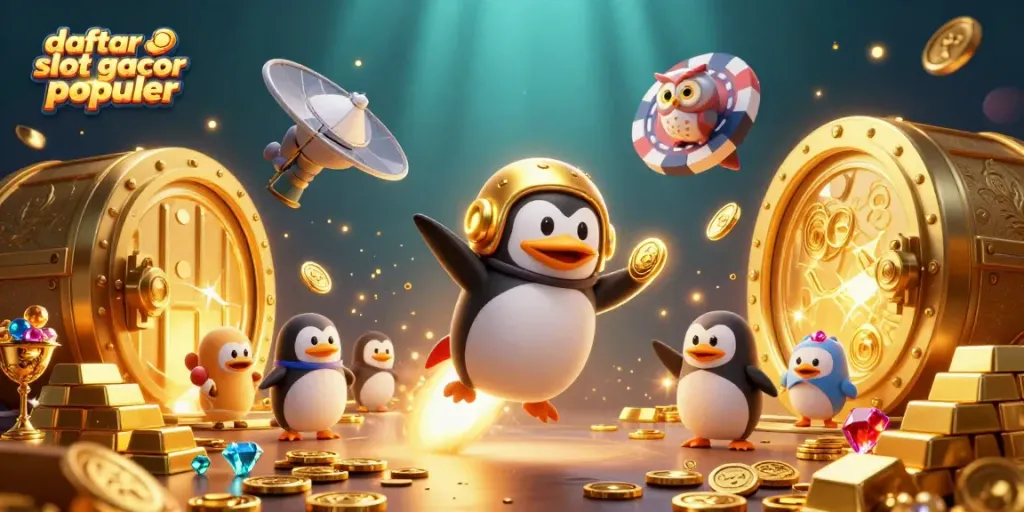 Mainkan daftar slot gacor populer dengan penguin emas yang membawa koin.