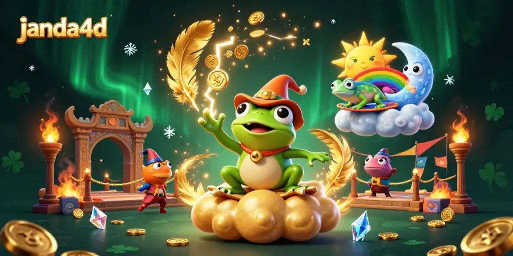 Janda4D mengundang pemain dengan koin emas yang mengalir dari karakter sihir dan chameleon, menambahkan daya tarik kasino.