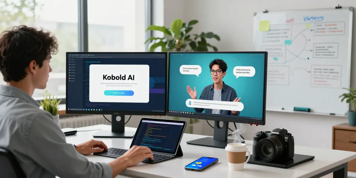 KoboldAI interactive chat experience in a modern tech workspace, highlighting user engagement and AI technology.