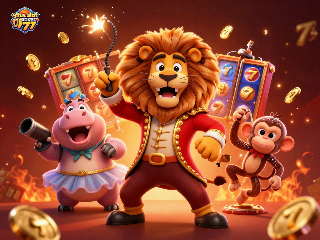 situs slot gacor 777 showcases a vibrant scene with animated characters playing slots in a casino setting.