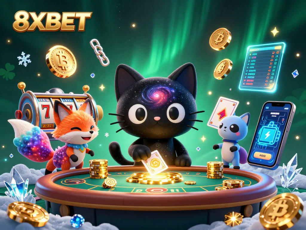 Engage with 8XBET as the black hole cat charms golden chips and cards at a cosmic gaming table.