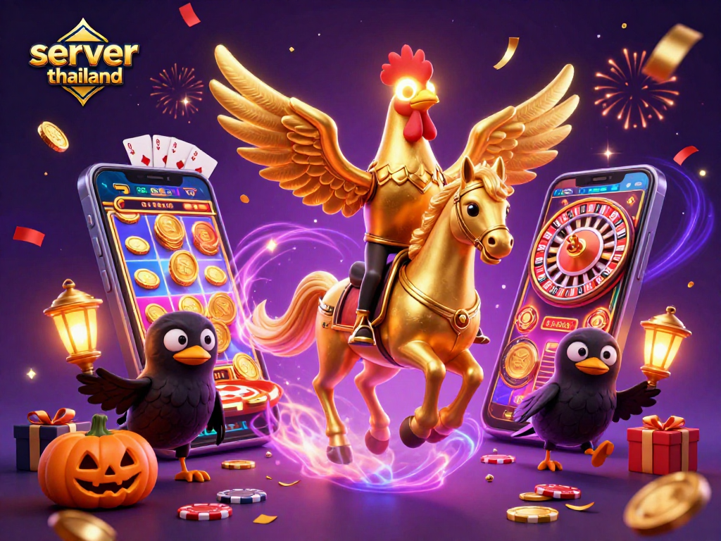 Engage with vibrant casino action in the server thailand illustrated scene showcasing games and festive elements.