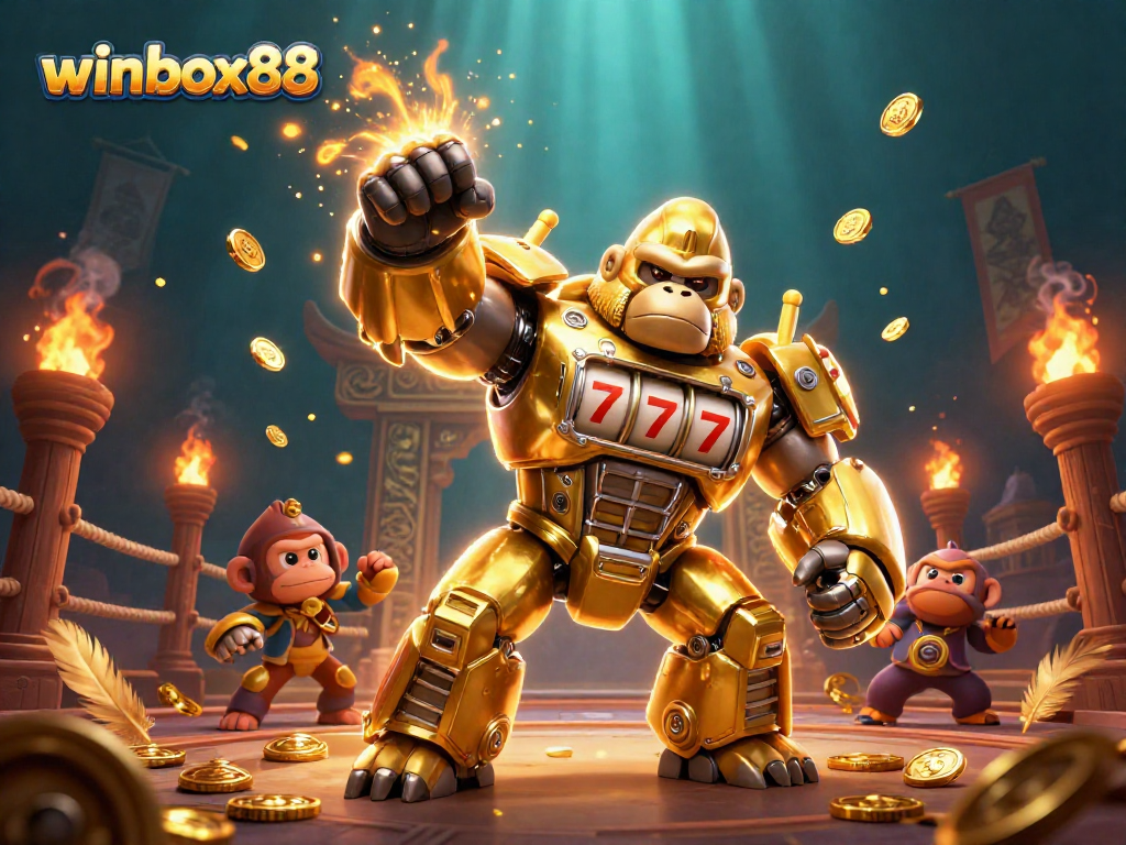 Engage with winbox88 in this vibrant 3D gambling scene featuring an extraordinary golden gorilla mech.