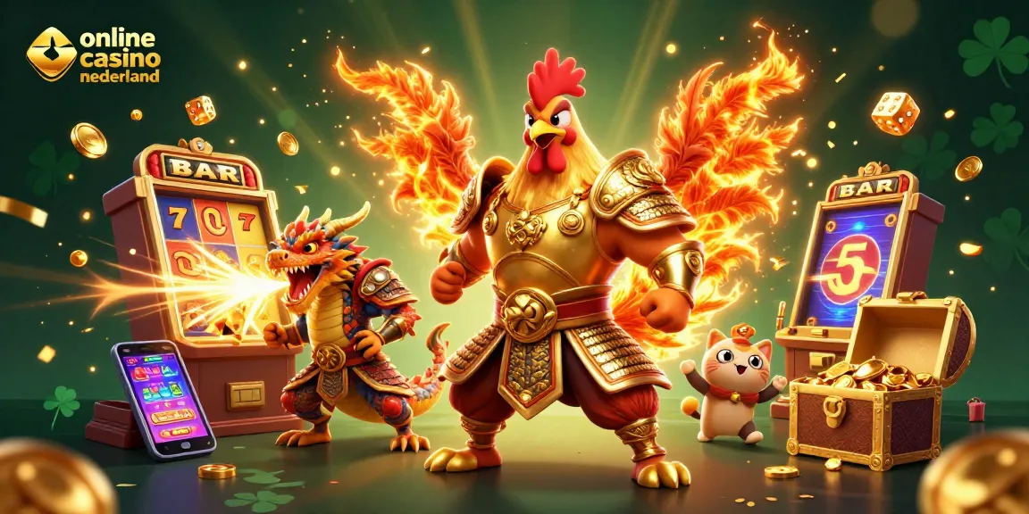 Experience excitement at online casino nederland with a dynamic scene showcasing vibrant characters and slot machines.