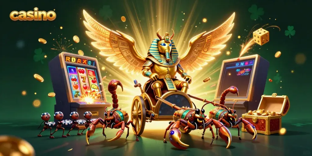 Experience thrilling casino action with a dynamic scene of golden beetles and slot machines bursting with coins.