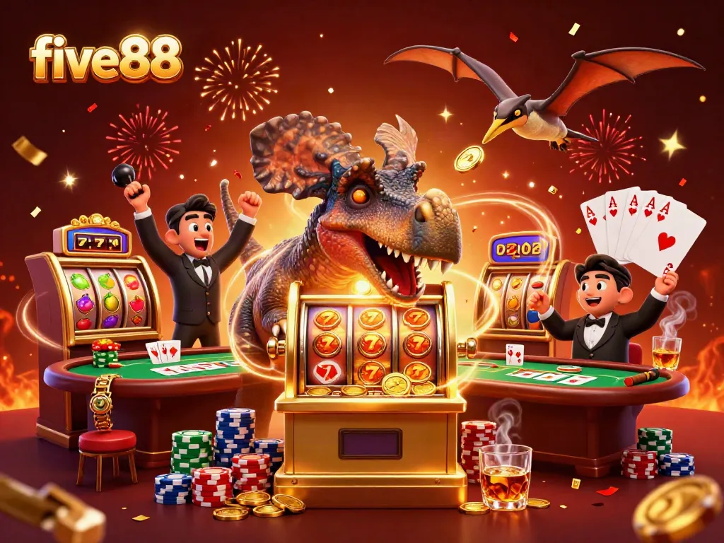 Experience exciting wins at five88 with a 3D pachycephalosaurus jackpot scene filled with color and fun.