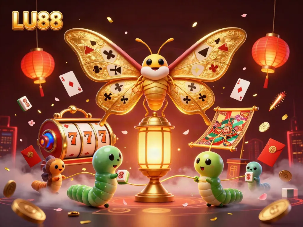 LU88 and golden moth characterizing a vibrant casino scene filled with luck and excitement.