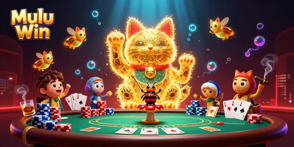 Experience Mulu Win in an exciting gaming scene with a giant lucky cat and vibrant casino elements.