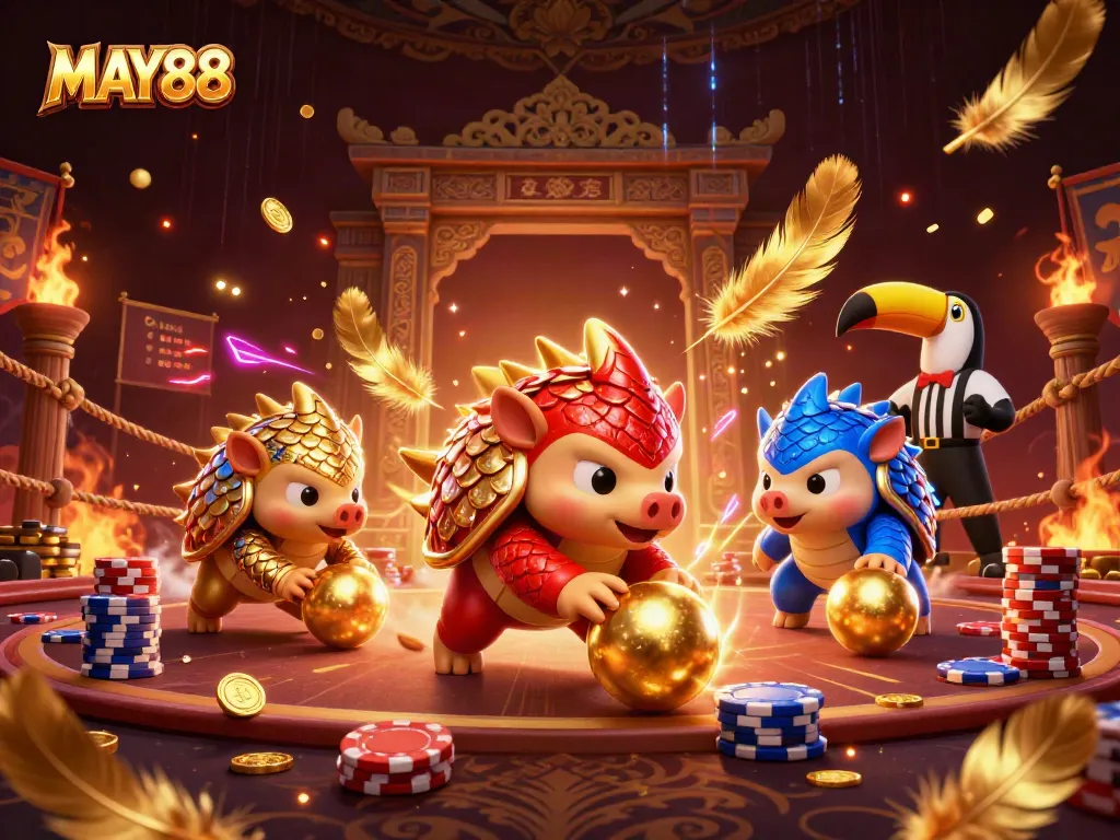 MAY88 pangolins compete in an exciting gambling showdown, showcasing poker chips and vibrant casino elements.