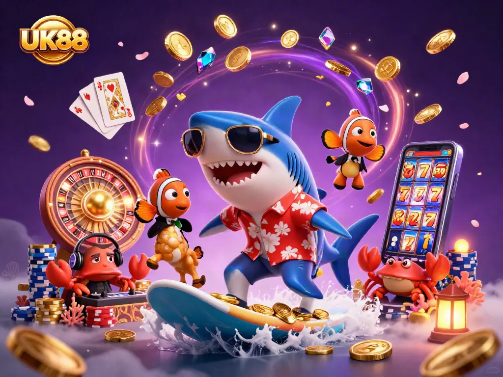 Experience UK88's vibrant undersea casino with shark surfing on gold coins and a lively crab DJ.